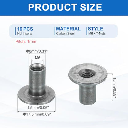 MECCANIXITY 16Pcs M6x17.5x15mm Brad Hole Tee Nut Carbon Steel T-Nut Round Base Plate Nut Furniture Hardware Flange Female Thread Insert Nuts for Wood Furniture - size: M6x17.5x15mm