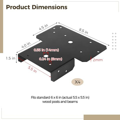 4 PCS Heavy Duty Post Cap Tie Brackets, 6x6 (Actual 5.5"x5.5") Pergola Brackets, Heavy Duty Galvanized Metal Bracket, Wood Post Beam Connector for Gazebo Deck Patio Pergola Construction (6x6-4PCS) - color: 6x6-4PCS