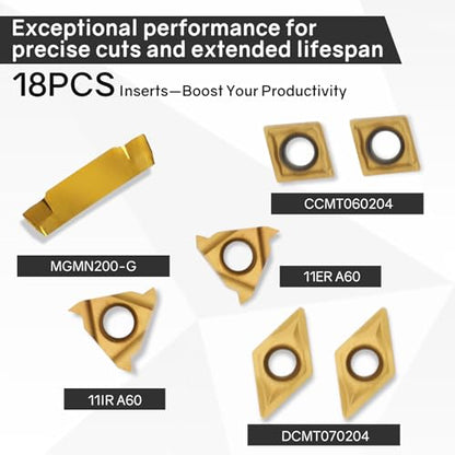 Indexable Lathe Turning Tool 27Pcs Kit 3/8'' 10mm Shank, 9Pcs Metal Lathe Tools Holder Set with 18Pcs Inserts, for Turning Grooving Threading Boring, Lathe Tooling with Reverse Tool Design - style: 9pcs 3/8'' 10mm Shanks+18pcs Inserts