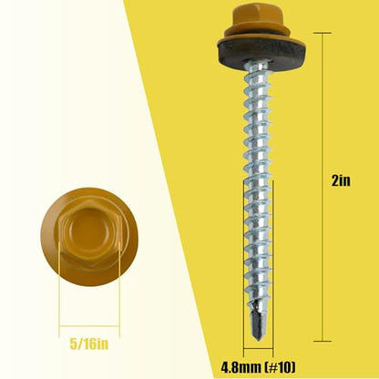 JEGONFRI 200PCS #10 x 2 Yellow Hex Head Self-Drilling Metal Roofing Screws - color: Yellow, size: 2 in