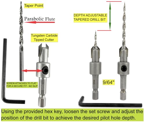 FTG USA #6 (9/64") TCT Tapered Wood Drill Countersink, No-Mar Bearing Stop - size: #6, style: Parabolic Flute with Depth Stop
