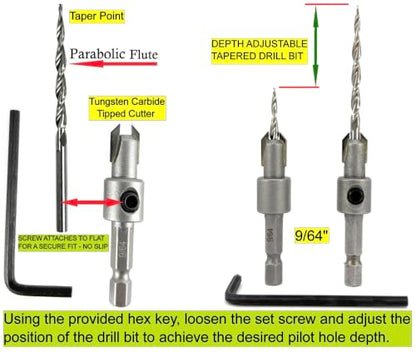 FTG USA #6 (9/64") TCT Tapered Wood Drill Countersink, No-Mar Bearing Stop - size: #6, style: Parabolic Flute with Depth Stop