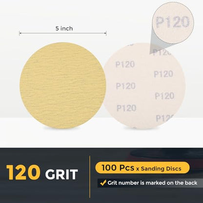 HARFINGTON 100 Pcs 5 Inch Sanding Discs 120 Grit Yellow Aluminum Oxide - size: 5 Inch(120 Grit)