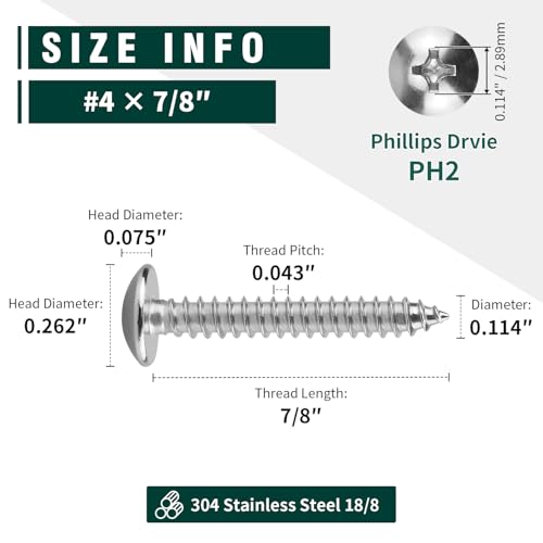 #4 x 7/8" Truss Head Wood Screw, Phillips Truss Head Self Tapping Sheet Metal Tek Screw, 18-8 Stainless Steel 304, Brgiht Finish, 100 PCS - size: #4 x 7/8"