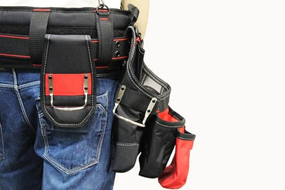 28-Pocket Tool Belt with Suspenders & Phone Holder – Heavy Duty Framer’s Rig Tool Apron for Electricians, Carpenters, Technicians – Adjustable Work Belt with Magnetic Tool Holder – Black/Red