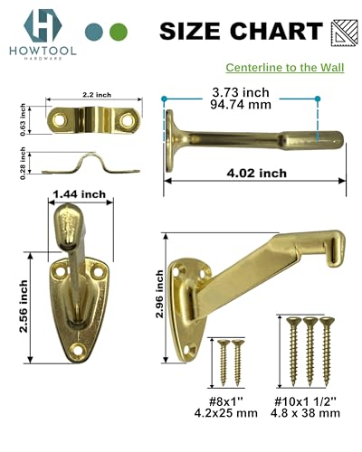 Heavy Duty Brass Plated Zinc Handrail Brackets Extended Neck Wall Mount Design Includes Screws for Stair Railing Support 2 Pack | HOWTOOL
