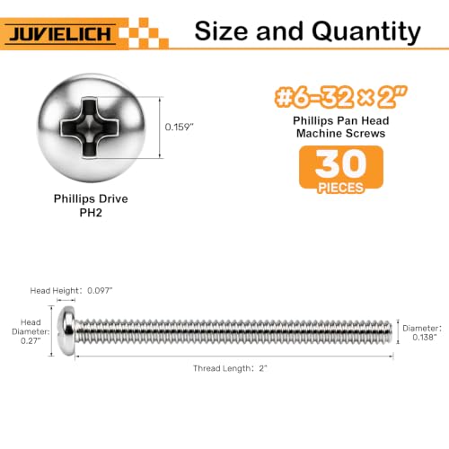 30PCS #6-32 x 2 Machine Screws, Phillips Pan Head, 304 Stainless Steel - size: #6-32x2"