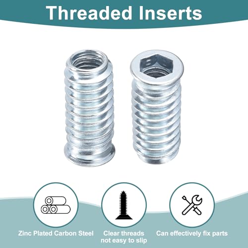 uxcell 20Pcs Threaded Inserts, M8-1.25x30 Zinc Plated Carbon Steel Hex Socket Drive Screw-in Nut Threaded Inserts for Wood Working Tool and Accessories - size: M8-1.25x30mm