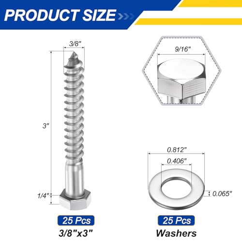 25 Pcs Hex Head Lag Screws 3/8"x3" Silver - color: Silver, size: 3/8"x3"