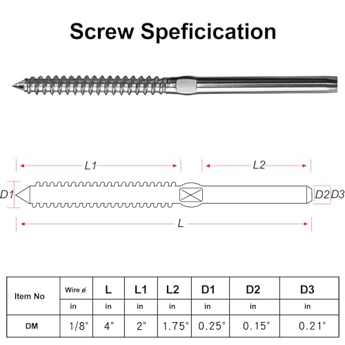 Steel DN Mate 30 Pack Left&Right Handed Thread Swage Lag Screws for Wood Post of 1/8" Deck Railing Kit, T316 Stainless Steel Cable Railing/Stair Deck Railing, DIY Baluster Hardware, Wrench Included - color: Silver