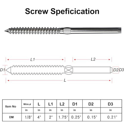 Steel DN Mate 30 Pack Left&Right Handed Thread Swage Lag Screws for Wood Post of 1/8" Deck Railing Kit, T316 Stainless Steel Cable Railing/Stair Deck Railing, DIY Baluster Hardware, Wrench Included - color: Silver
