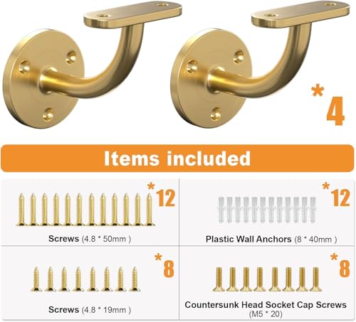 4-Pack Stainless Steel 304 Wall Mount Handrail Bracket for Wood & Metal Stair Railing, Support Flat Surface Square Tube, Satin Gold Finish - size: Stainless Steel 304, style: 4 Pack-GOLD