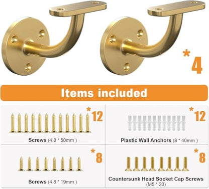 4-Pack Stainless Steel 304 Wall Mount Handrail Bracket for Wood & Metal Stair Railing, Support Flat Surface Square Tube, Satin Gold Finish - size: Stainless Steel 304, style: 4 Pack-GOLD