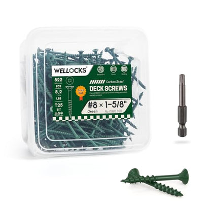 WELLOCKS #8 x 1-5/8 in Green Deck Screws, 5.2 lbs with T25 Bit - size: #8×1-5/8", style: 5.2LBS Green