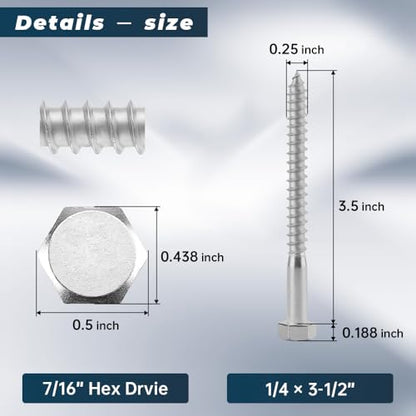 15 Sets 1/4 x 3-1/2" Stainless Steel Hex Head Lag Screws with Flat Washers & Bit, Heavy Duty Wood Screws, Rust-Proof Exterior Fasteners for Deck, Fence & Construction - size: 1/4 x 3-1/2"