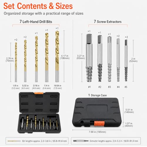 QWORK 14-Piece Damaged Screw Extractor Set with Left-Hand HSS Drill Bits - Removing Broken Bolts Kit for Men - Gift-Ready with Storage Box