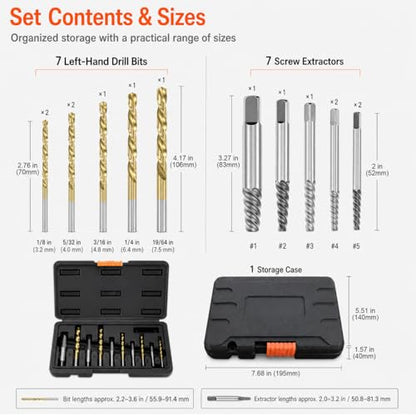 QWORK 14-Piece Damaged Screw Extractor Set with Left-Hand HSS Drill Bits - Removing Broken Bolts Kit for Men - Gift-Ready with Storage Box