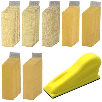 70 Sheets Micro Detail Sander Paper Kit with 3.5”x 1”Hand Sanding Block - style: Yellow 80-600 Grit