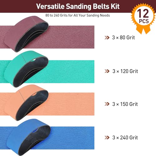 3" x 21" Sanding Belts for Belt Sander, Assorted Grits 12 Pcs (3 Each of 80 120 150 240), Aluminum Oxide Sanding Belts for Woodworking Metal Polishing Knife Sharpening - size: 3" x 21"