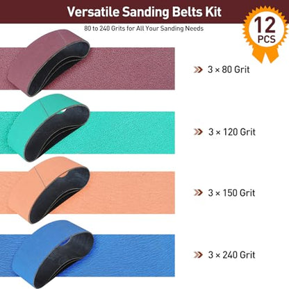 3" x 21" Sanding Belts for Belt Sander, Assorted Grits 12 Pcs (3 Each of 80 120 150 240), Aluminum Oxide Sanding Belts for Woodworking Metal Polishing Knife Sharpening - size: 3" x 21"
