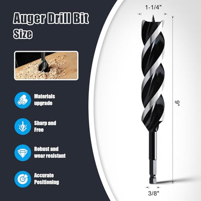 1-1/4" x 9" Auger Drill Bit for Wood,Hex Shank Tri Flute Drill Bit - size: 1-1/4"x9"