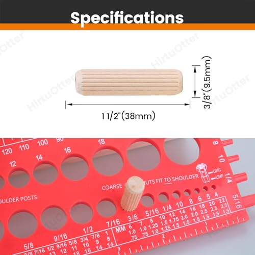 100 pcs 3/8" x 1-1/2" Wooden Dowel Pins, Hardwood, Kiln-Dried Fluted & Beveled Design for Easy Insertion for Woodworking, Furniture, Crafts & DIY Projects (9.5mm x 38mm) - size: 3/8" x 1 1/2"
