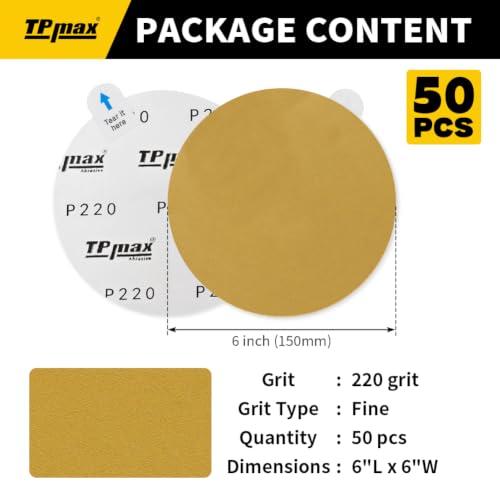 TPmax 6-Inch 220-Grit Gold PSA Sanding Discs, 50 Pack – Pro-Grade Self-Adhesive Stickyback Sandpaper with Quick-Release Tabs for DA Sander, Fine Automotive/Wood/Metal Sanding - style: 220 Grit