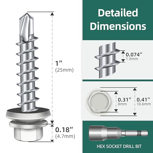 100-pack #10 x 1 Hex Head Self-Drilling Metal Roofing Screws with EPDM Washer, White Coated Wood Screws, Self Tapping Sheet Metal Roof Screws (Diamond Point) - color: White, size: #10 x 1"