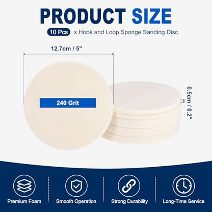 10Pcs 5 Inch Hook and Loop Sponge Sanding Disc, 240 Grit - size: 5 Inch 240 Grit