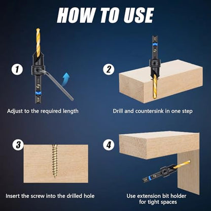 12PCS Countersink Drill Bit Set, #4, #6, #8, #10, #12 with 5 Wood Drill Bit - size: 4#-12#