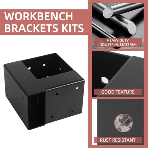 4 Pcs Workbench Brackets, 4x4 3-Way Right Angle Corner Bracket Heavy Duty Corner Brackets for DIY Workbench, Work Table, Fits 4x4 2x4 Wood - Black