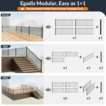 Egadis 3 Pack 36 in x 8 ft Modular Aluminum Porch and Deck Railing Kit - color: Level 8ft - 3Panel 3Post