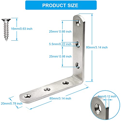 8 PCS L Bracket Stainless Steel Corner Brackets 3 x 3 inch Right Angle Bracket for Wood Furniture, Heavy Duty Metal Joint Corner Brace, with Screw