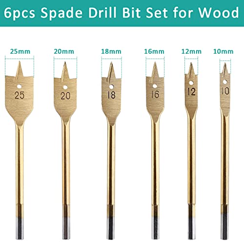 6pcs Spade Drill Bit Set for Wood, Titanium Paddle Drill Bits Wood Hole Cutter Flat Circular Drill Bit, Hole Drilling Bit Set for PVC Fiberglass Plastic (10mm to 25mm)