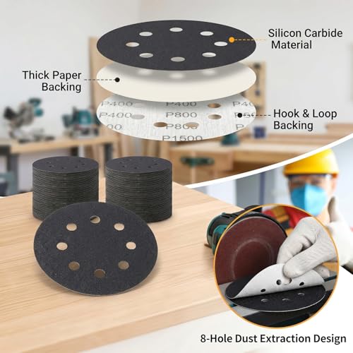 60PCS 5 Inch Wet Dry Sanding Discs 8 Hole Hook & Loop Sandpaper Assortment