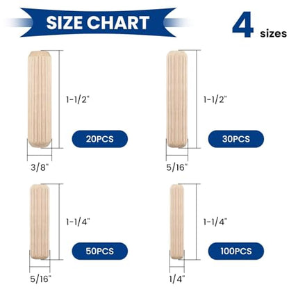 200 Pcs Wooden Dowel Pins Assorted Sizes, 1/4" 3/8" 5/16"