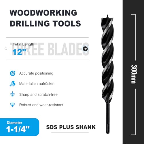 1-1/4" x 12" Auger Drill Bit with SDS Plus Shank for Wood - size: 1-1/4"x12"