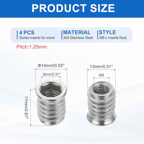 MECCANIXITY 4Pcs Threaded Inserts Nuts, M8x17mm Hex Socket Drive Nut Inserts for Wood - 304 Stainless Steel Screws Furniture Screw in Nuts Bolt Fastener Connector Wood - size: M8x17mm