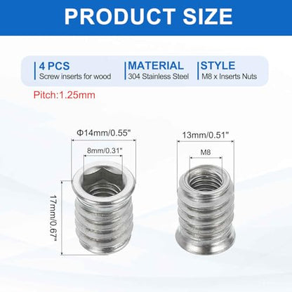 MECCANIXITY 4Pcs Threaded Inserts Nuts, M8x17mm Hex Socket Drive Nut Inserts for Wood - 304 Stainless Steel Screws Furniture Screw in Nuts Bolt Fastener Connector Wood - size: M8x17mm