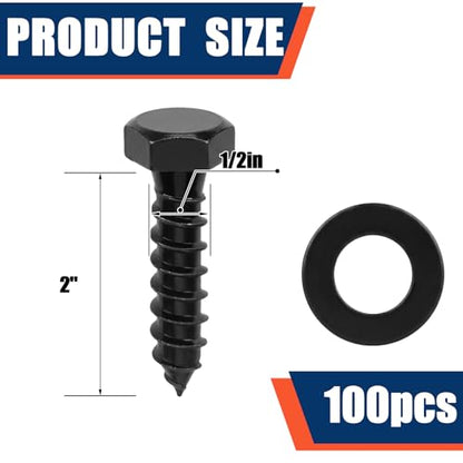 Tandefio 100 Pack 1/2''X 2'' Lag Bolts Screw with Washer Galvanized, Black - size: 1/2''x 2''