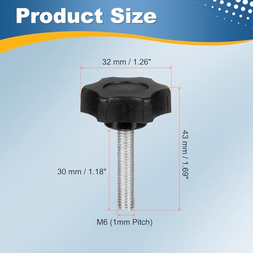 HARFINGTON 4 Pcs Star Knobs Handles M6 x 30mm (1mm Pitch) Male Thread Metric Carbon Steel Hand Tightening Clamping Screws Threaded Stud Knob Bolts for Woodworking Jigs, Black - size: M6 x 30mm