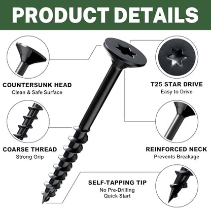 LIONMAX Wood Screws 1-1/2 Inch, Deck Screws #8 x 1-1/2", 300 PCS, Black - color: Black, size: #8 x 1-1/2"