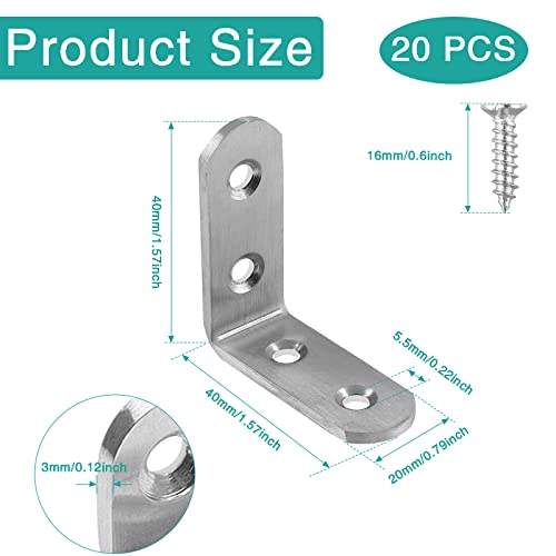 20 Pcs Stainless Steel Corner Brace, 40 x 40 mm L Bracket 90 Degree Right Angle Bracket Fastener Shelf Bracket, Brushed Finish, Thicken Corner Bracket - size: 40x40mm