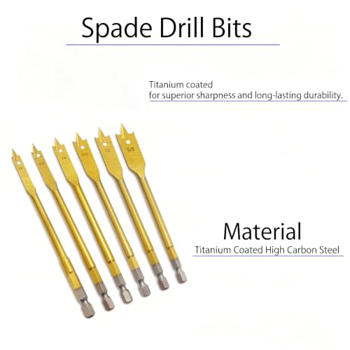 6PCS Spade Drill Bits Set, 1/4" Quick Change Hex Shank, Titanium Coating, Hole Cutter, Paddle Flat Bits for Woodworking, 1/4"-5/8 (6pcs) - size: 6pcs