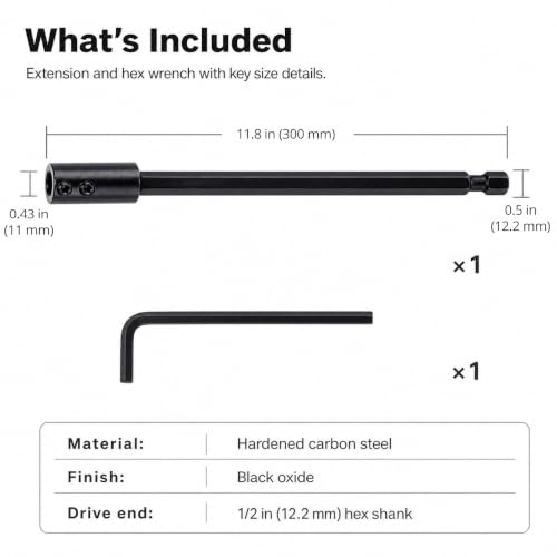 QWORK 12-Inch Hole Saw Extension, 1/2 Inch Hex Shank Drill Bit Extension – Heavy Duty Reach for 3/8" to 7/16" Arbors – Deep Hole Drilling in Wood, Metal & Masonry