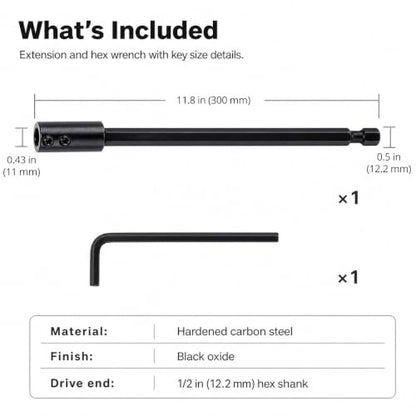 QWORK 12-Inch Hole Saw Extension, 1/2 Inch Hex Shank Drill Bit Extension – Heavy Duty Reach for 3/8" to 7/16" Arbors – Deep Hole Drilling in Wood, Metal & Masonry