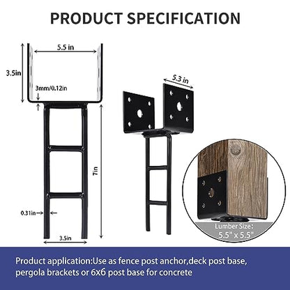 4 Pack U Shape Post Anchor, 6"x 6" Post Base for Concrete, Design Patented Product, 11 Gauge 3 mm Thickness Galvanized Black Pergola Deck Bracket with Screws(Inner Dia 5.5x5.5) - size: 6x6"