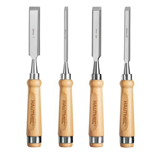 HAUTMEC Long Wood Chisel Set for Woodworking, 4-Piece Professional Wood Chisels with 60CR-V Steel Blades and Beech Handles for Carpenters, Framing & Mortise (1/4", 1/2", 3/4", 1")