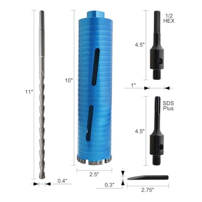 2-1/2" Diamond Core Drill Bit, 10"/260 mm Drilling Depth 5/8-11" Thread Upgraded Core Bit with Pilot Bit and 2 Pcs Adapters (SDS Plus Adapter and Hex Adapter)