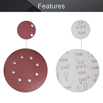 Utoolmart 10pcs 7 Inch 8 Hole Hook and Loop Sanding Disc 240Grit Flocking Sandpaper for Random Orbit Sander - size: 240 Grit